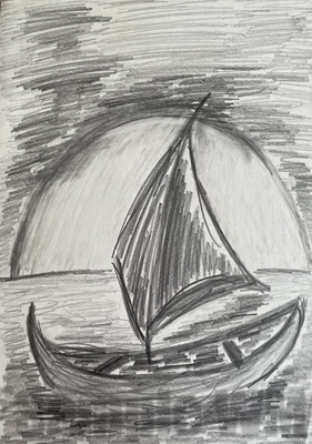 Boot im Sonnenuntergang 
Bleistiftzeichnung 
