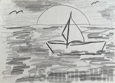Boot im Sonnenuntergang 
Bleistiftzeichnung 
